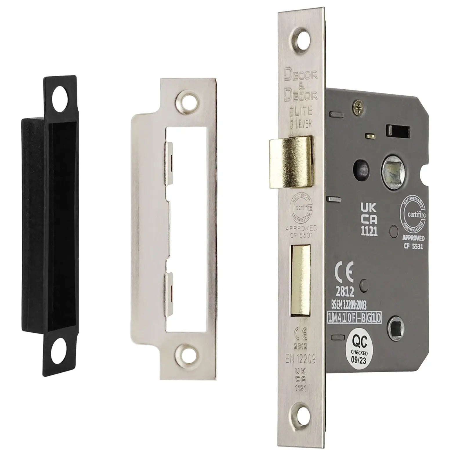 Mortise lock with strike plates for Fire Rated Bathroom Mortice Lock in Satin Nickel