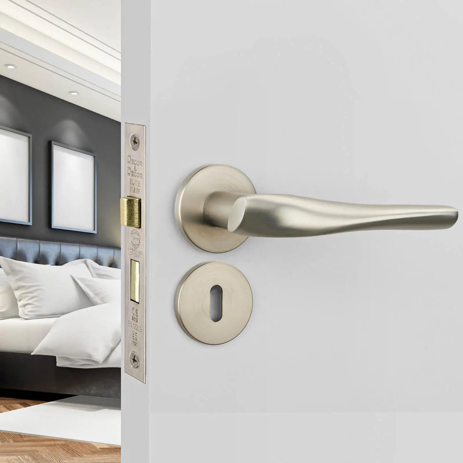 Nanda Satin Nickel Privacy Door Handles - Sash Lock Kit Set