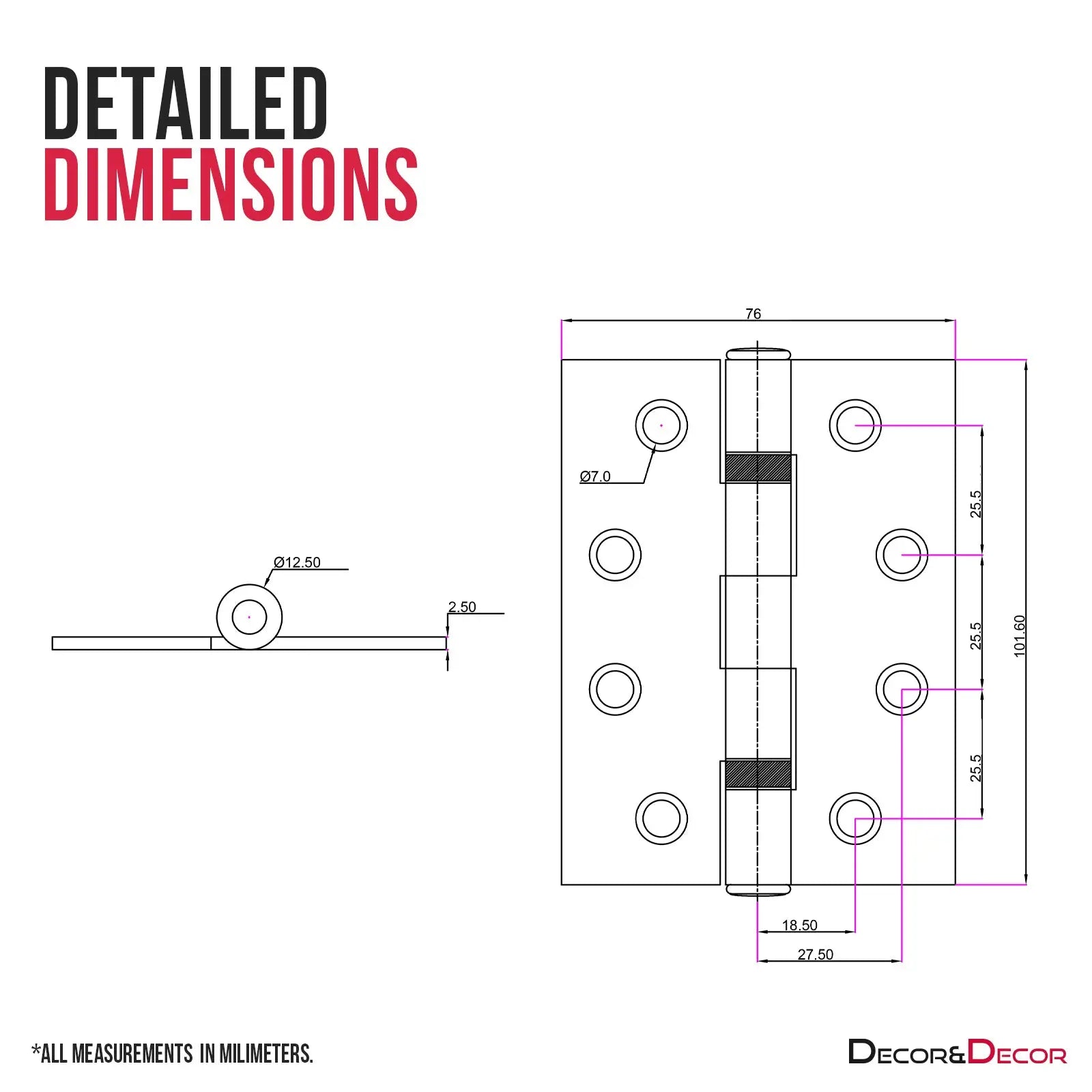 Hinge dimensions diagram for Ball Bearing Fire Rated Door Hinges in Polished Chrome