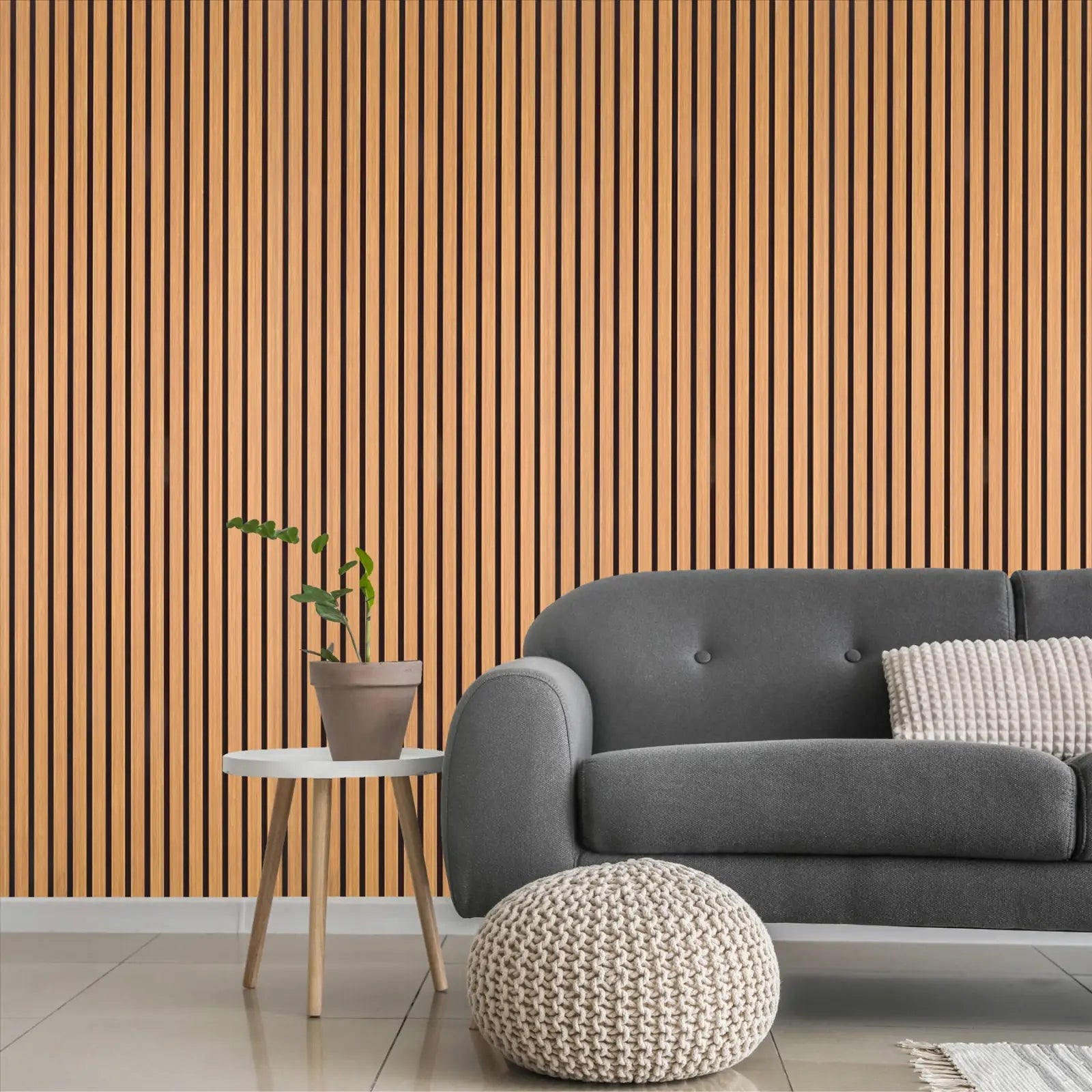 Modern living room with Acoustic Slat Wood Wall Panels in Oak for stylish decor