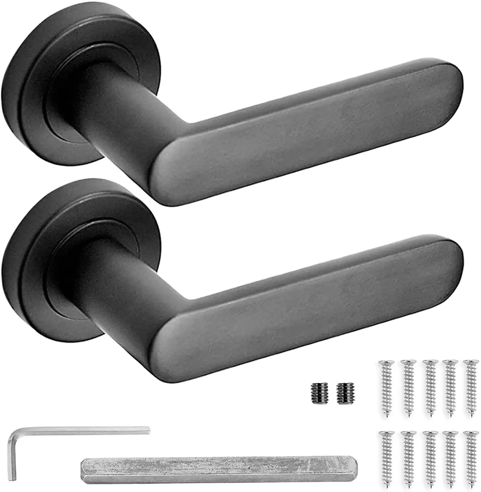 Echo Matt Black Door Lever Handles showcasing two matte black door handles with hardware