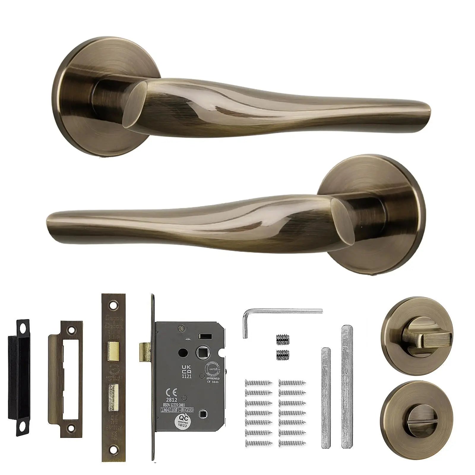 Antique brass door handle set featured in Nanda Antique Brass Bathroom Door Handles Kit