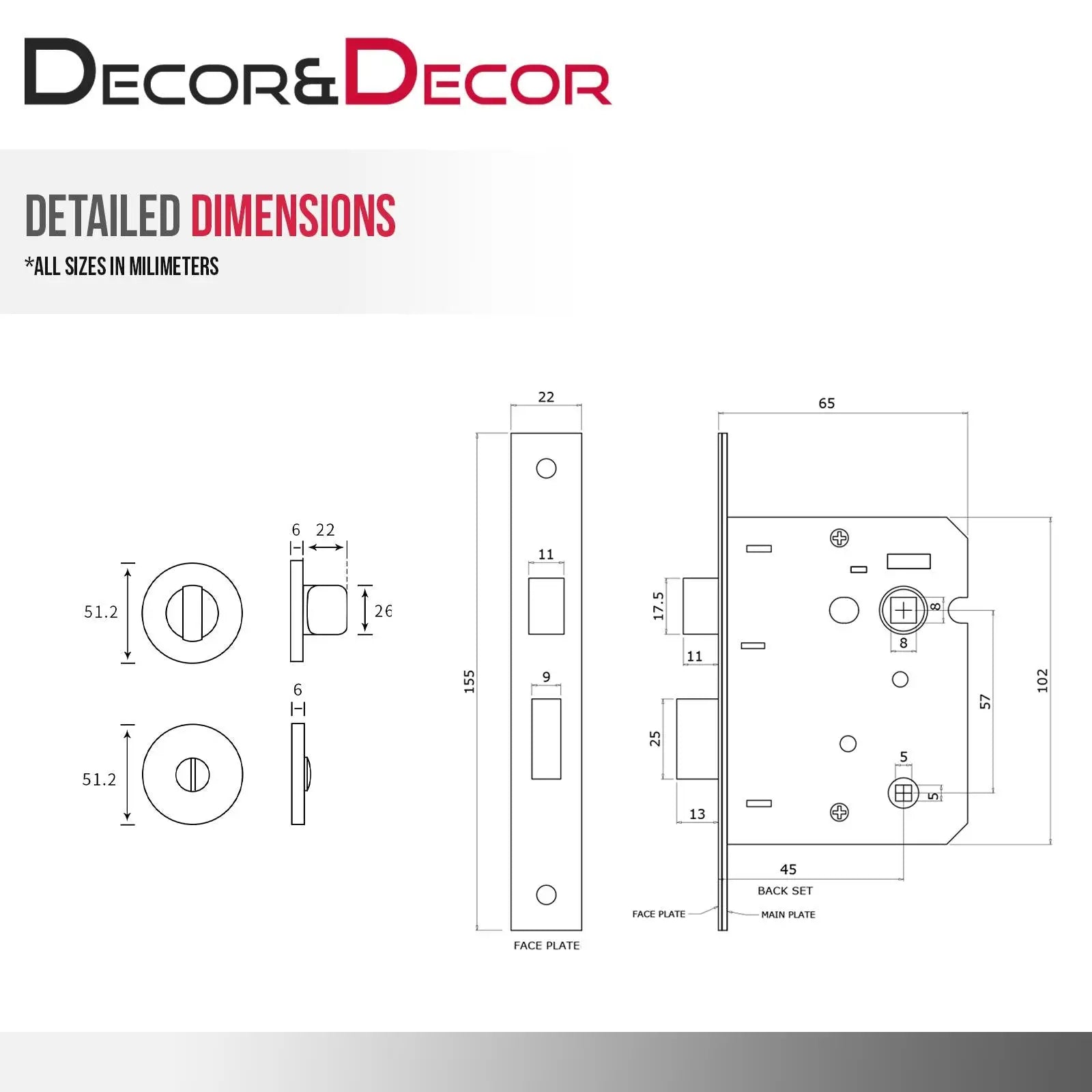 Detailed lock dimensions for Verita Antique Brass Bathroom Door Handles