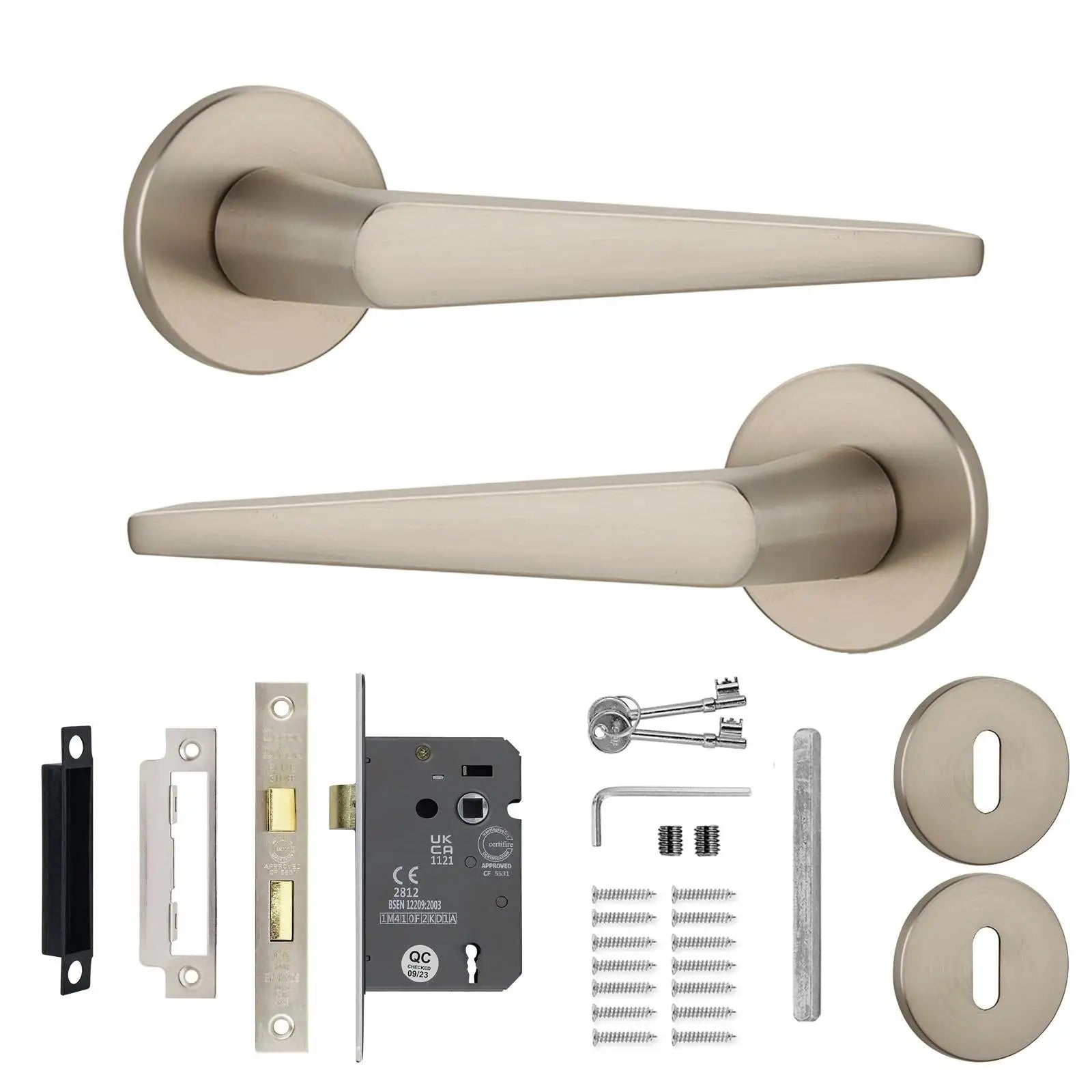 Terra Satin Nickel Privacy Door Handles - Sash Lock Kit Set - Handle –