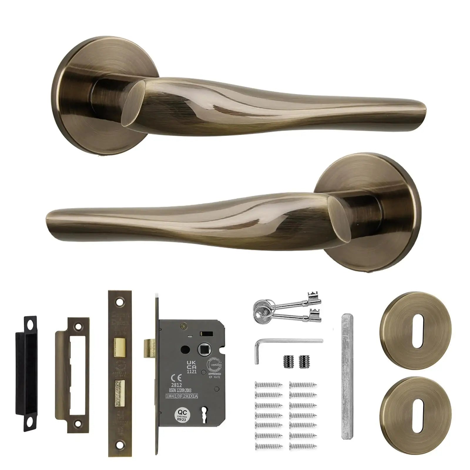 Nanda Antique Brass Privacy Door Handles - Sash Lock Kit Set - –