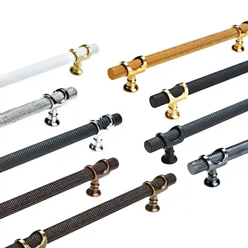 Collection of decorative curtain rods in various metallic finishes and textures.