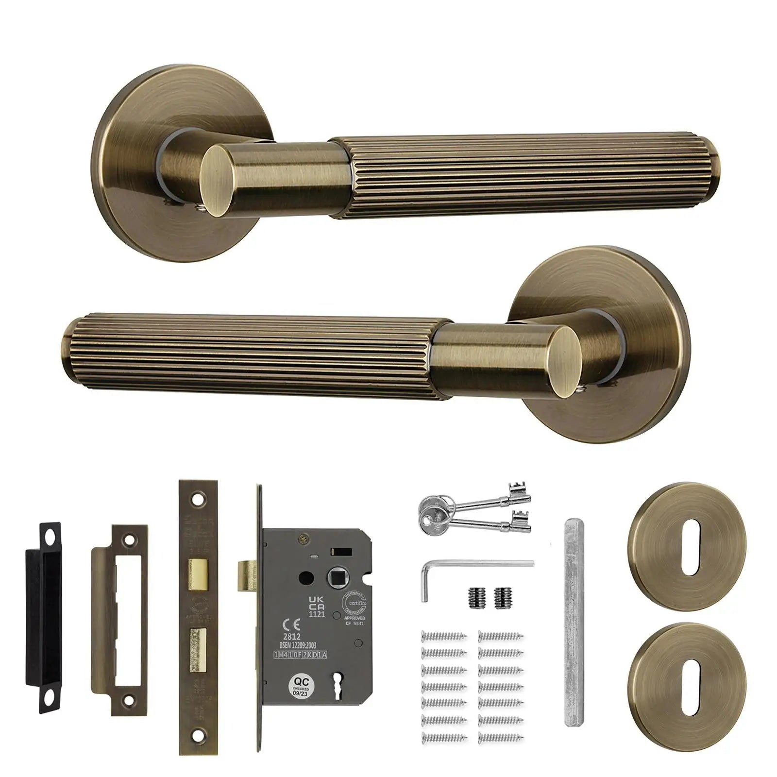 Hera Antique Brass Privacy Door Handles - Sash Lock Kit Set