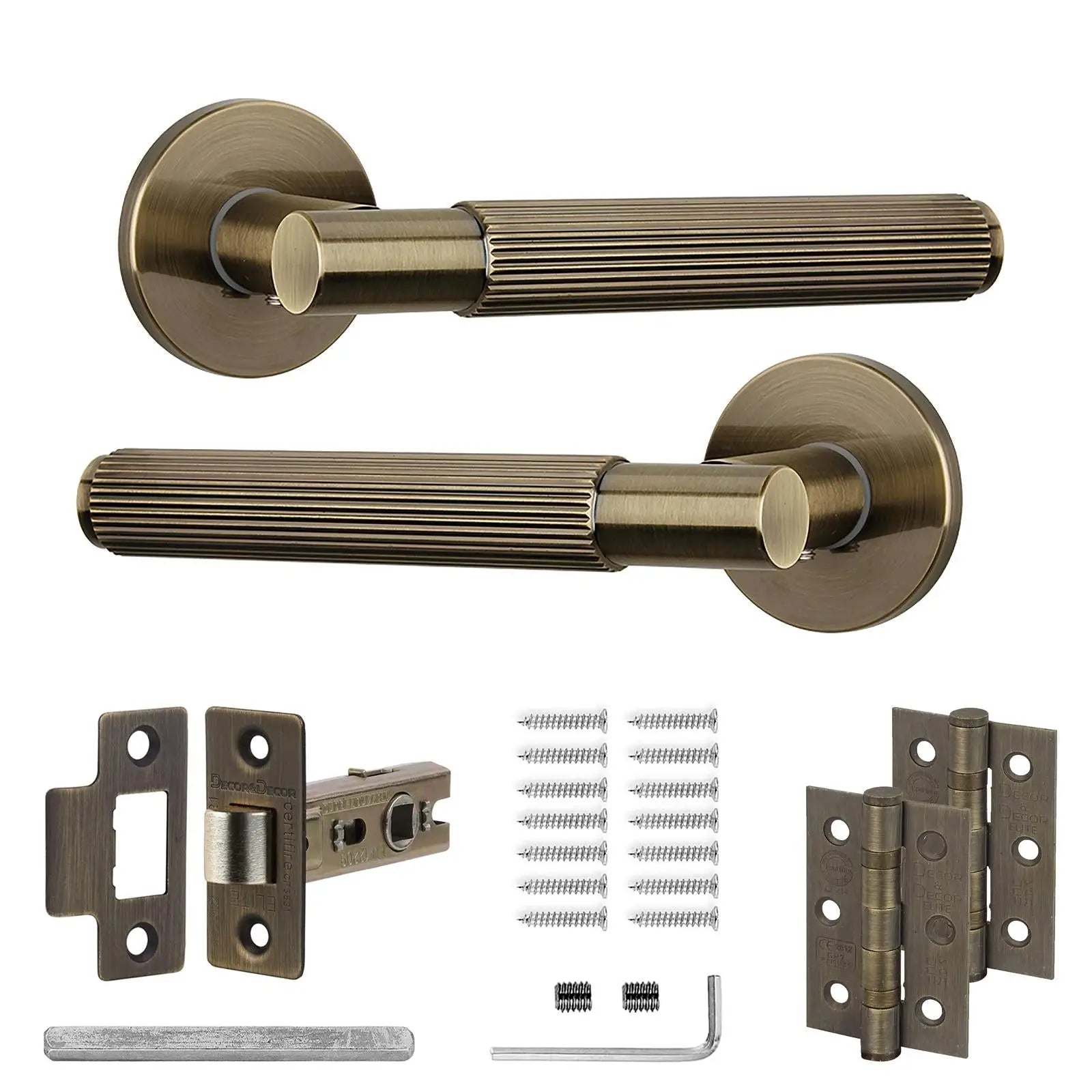 Hera Antique Brass Passage Door Handles - Latch and Hinge Set