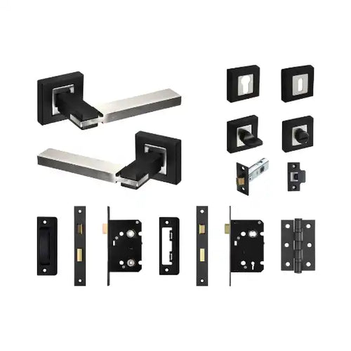 Modern door handle and hardware set with black square rosettes and chrome levers.