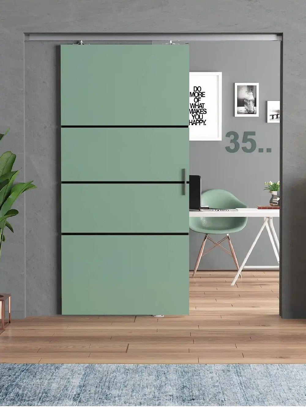 Modern mint-green sliding door with horizontal black accent lines.